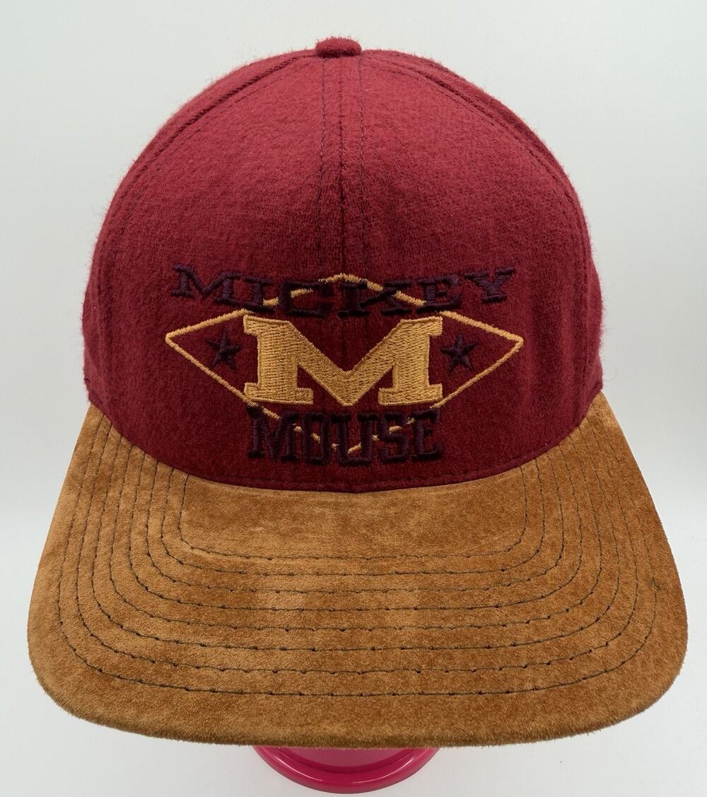 Vtg Mickey Mouse Disney Store Snapback Hat Wool Suede USA Maroon Brown